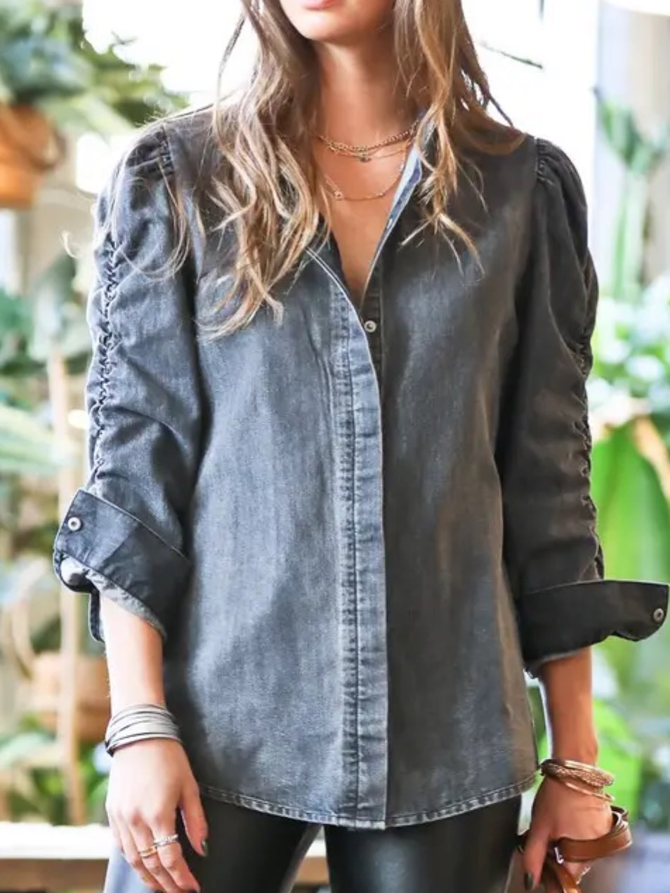 Denim Ruched Sleeve Top