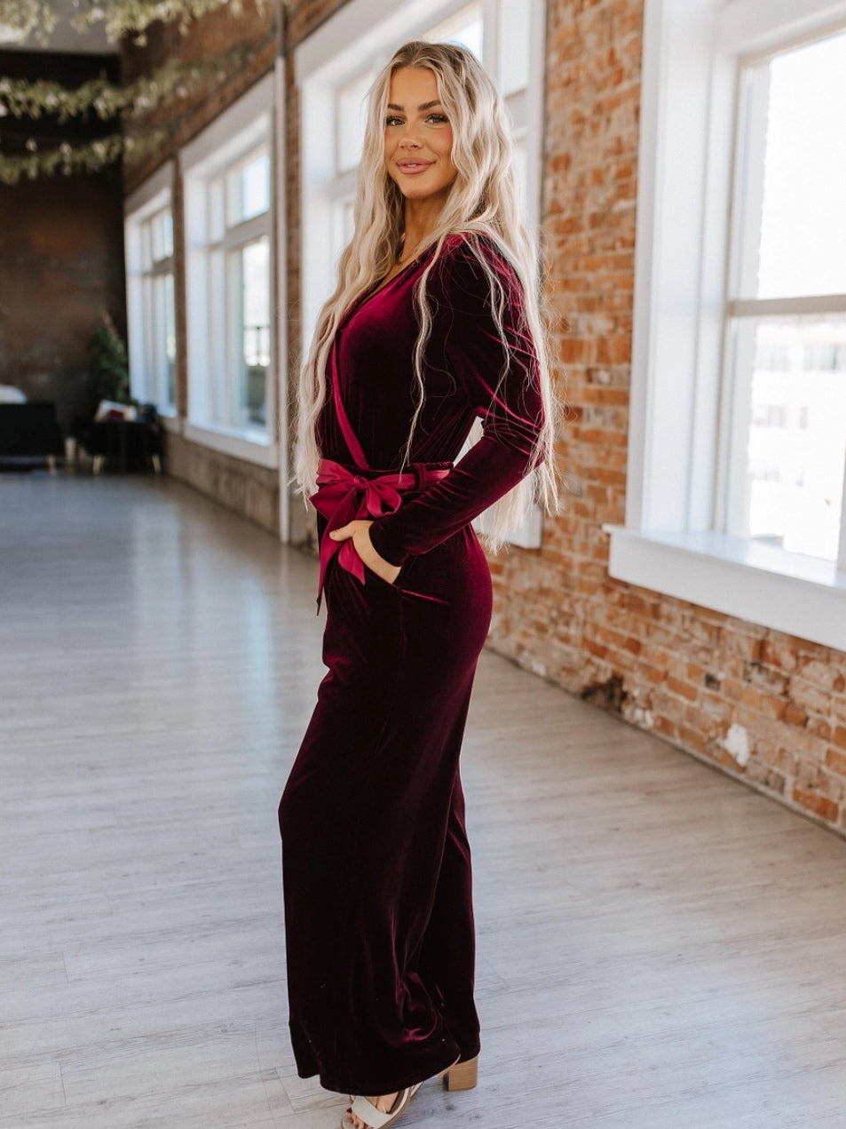 Carmine Velvet Wide Leg Jumpsuit