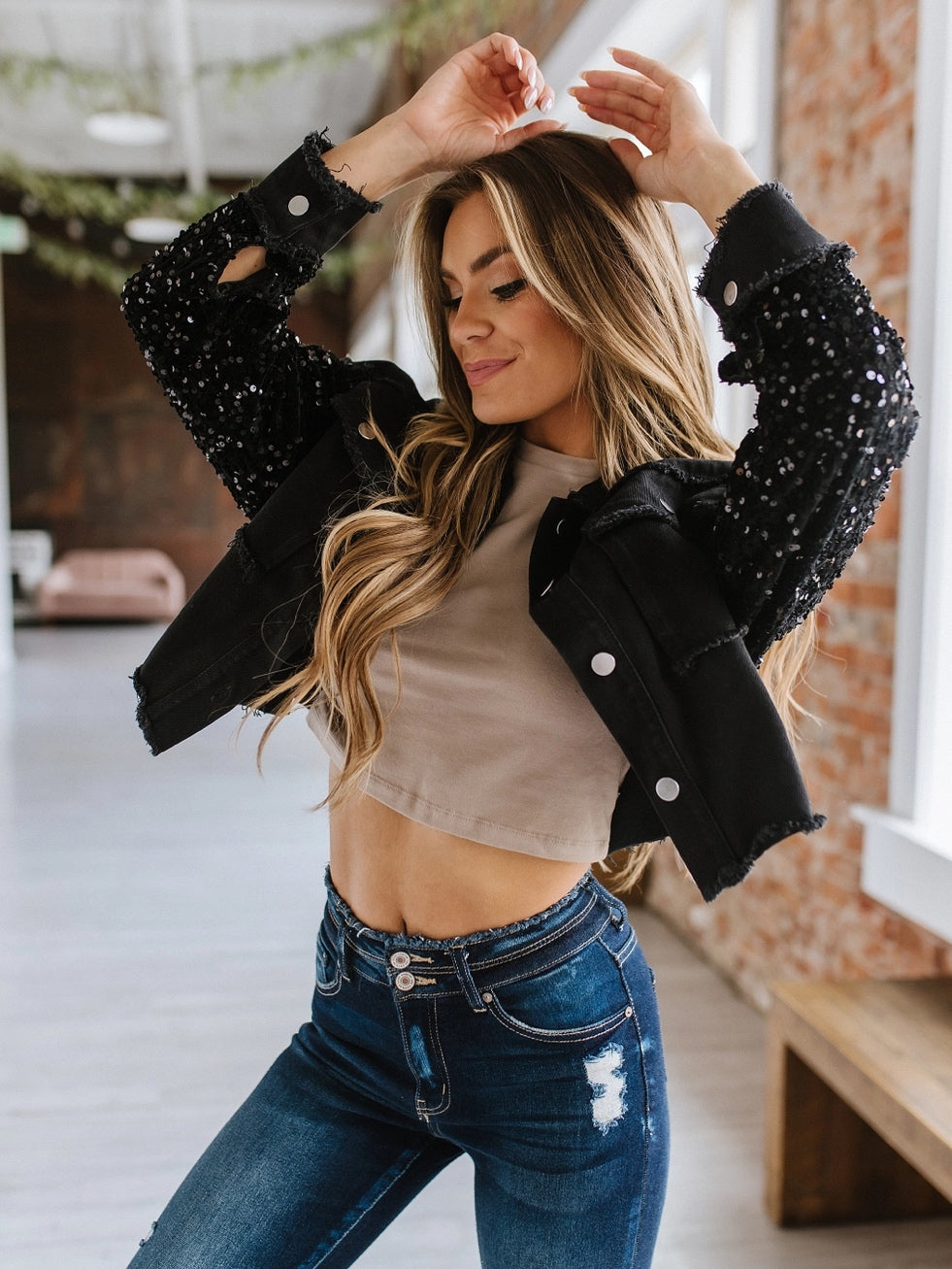 Beth Sequin Sleeve Jean Jacket