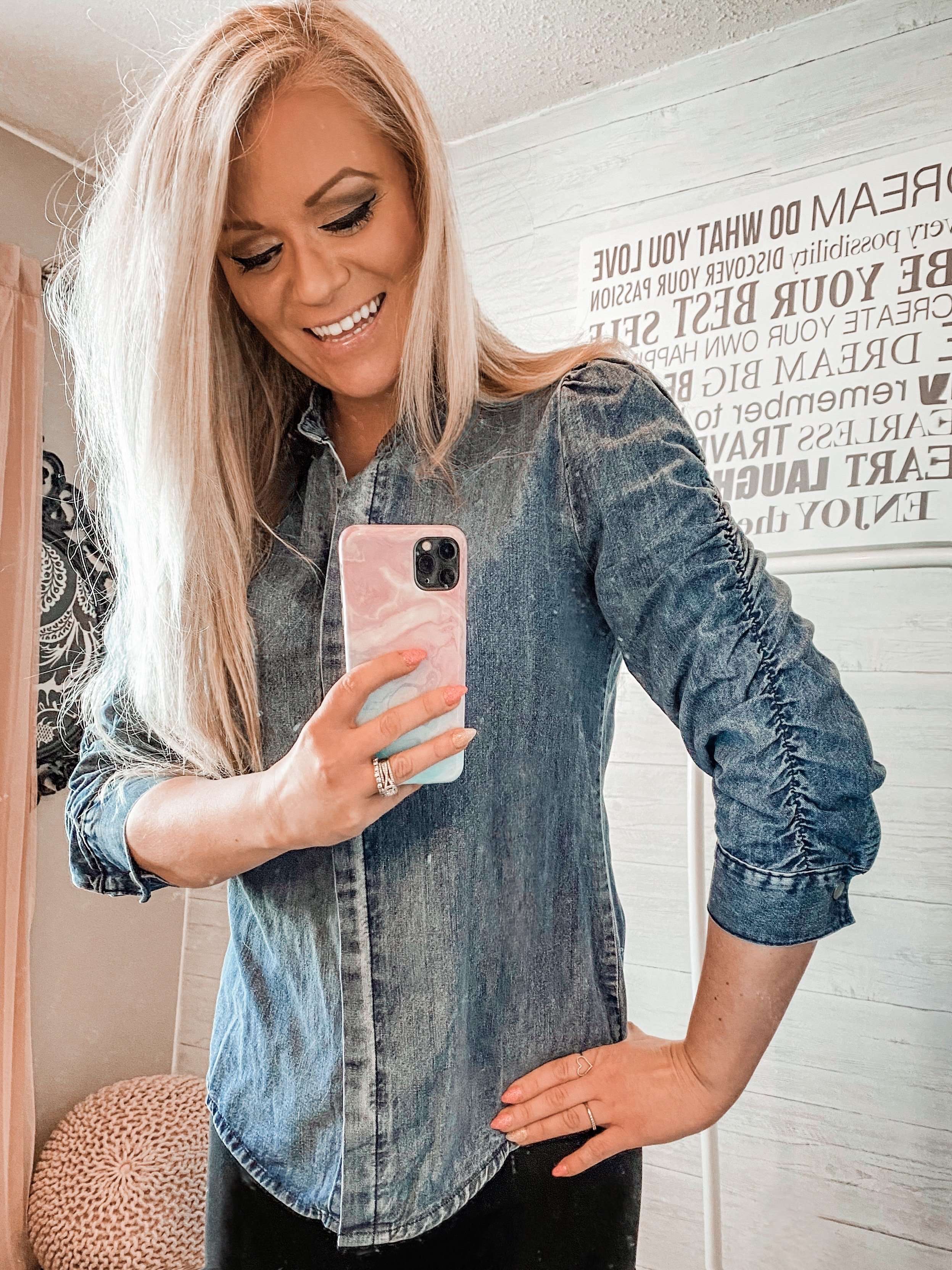 Denim Ruched Sleeve Top