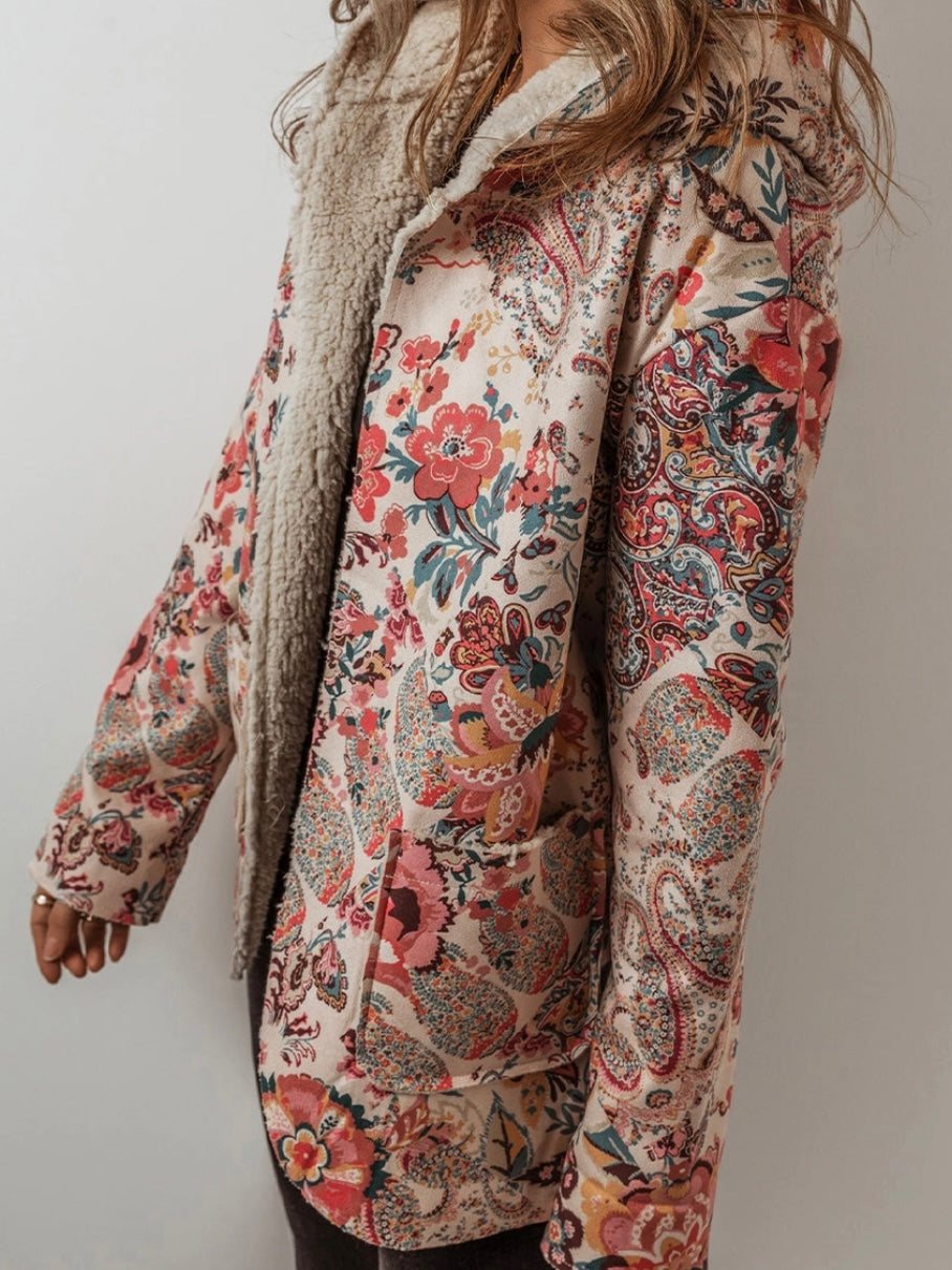 Sherpa Lined Floral Hooded Jacket
