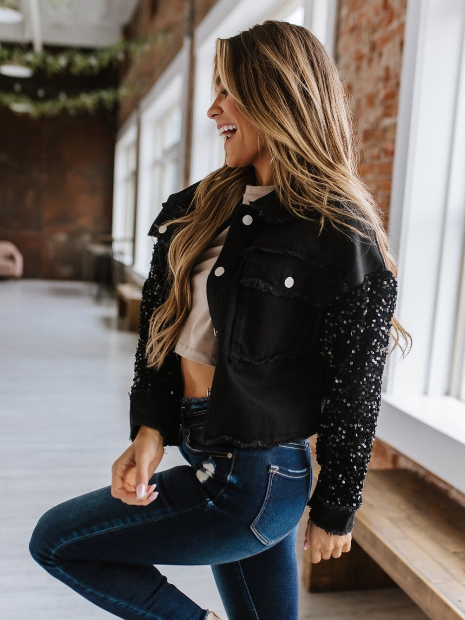 Beth Sequin Sleeve Jean Jacket