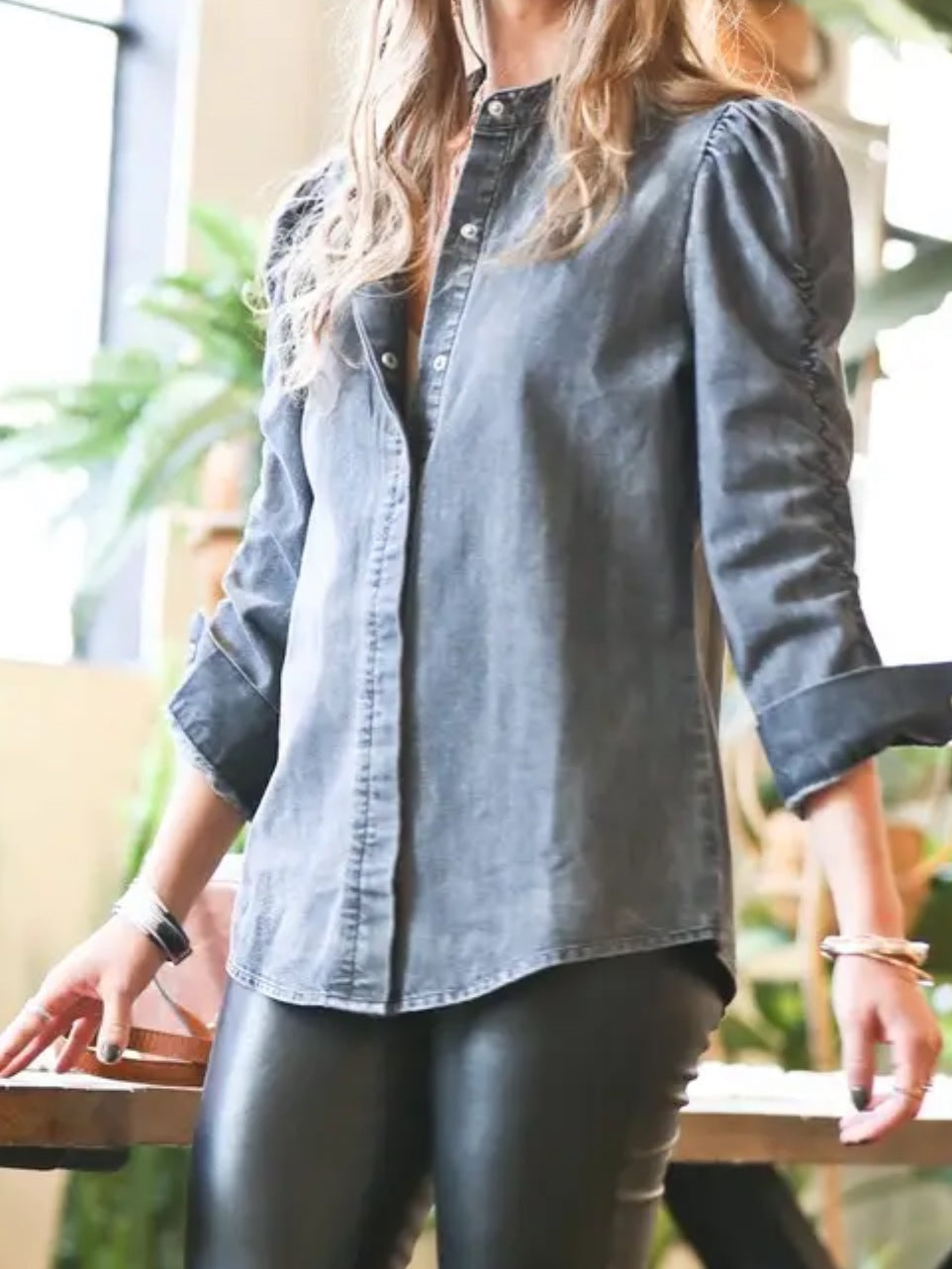 Denim Ruched Sleeve Top