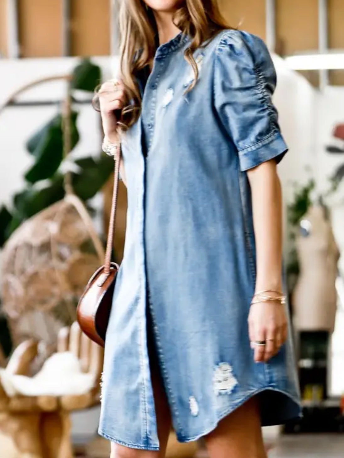 Denim Ruched Sleeve Dress