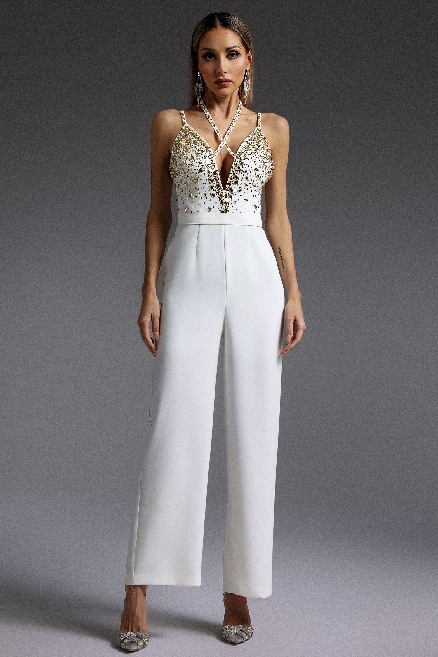 Vanina Halter Sleeveless V-Neck Diamond Maxi Jumpsuit